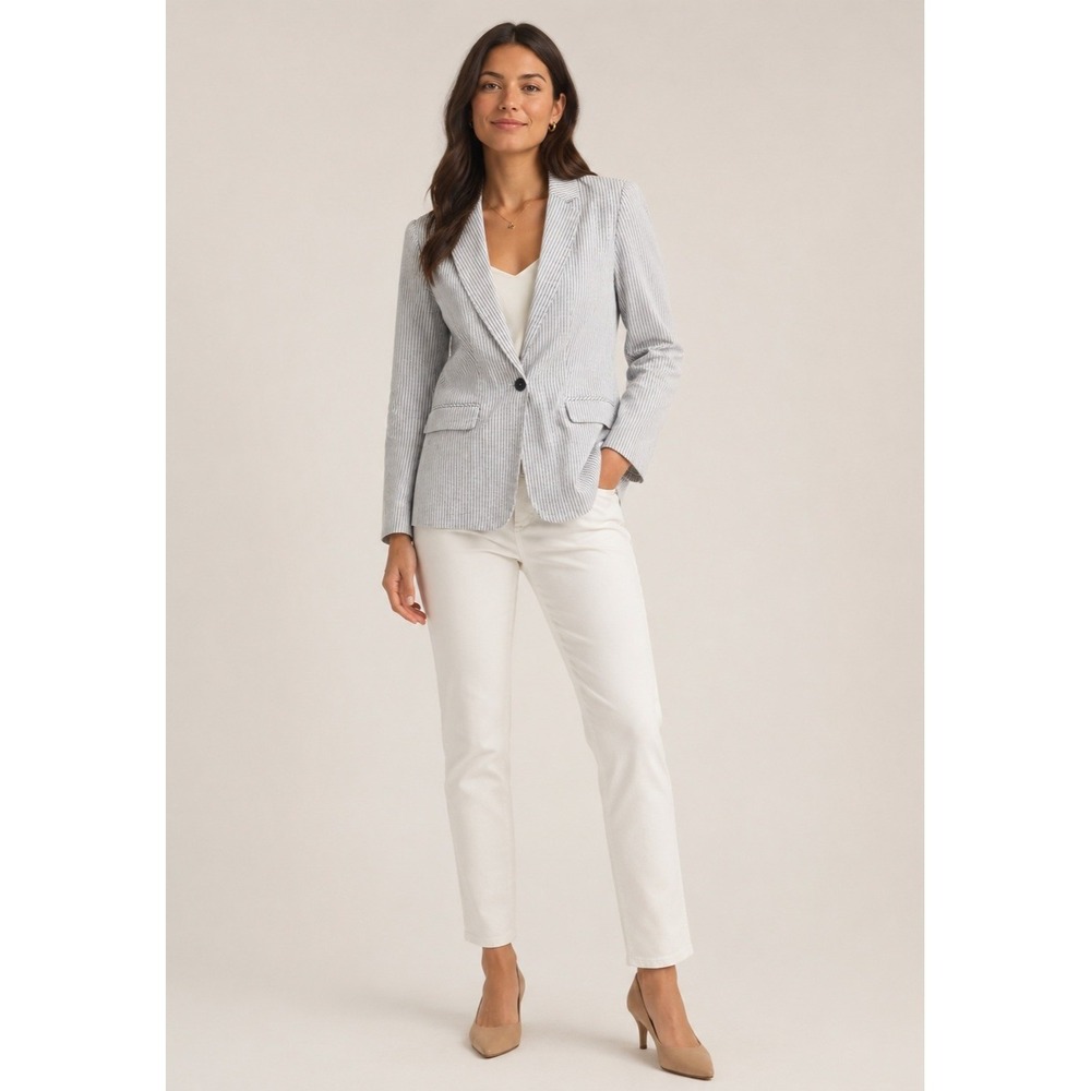 ALICE HOPE Nautical Blazer‎ Jacket Womens Medium White Blue Stripe Pockets Lined